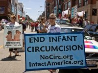 Intactivists marching to end infant circumcision in a parade